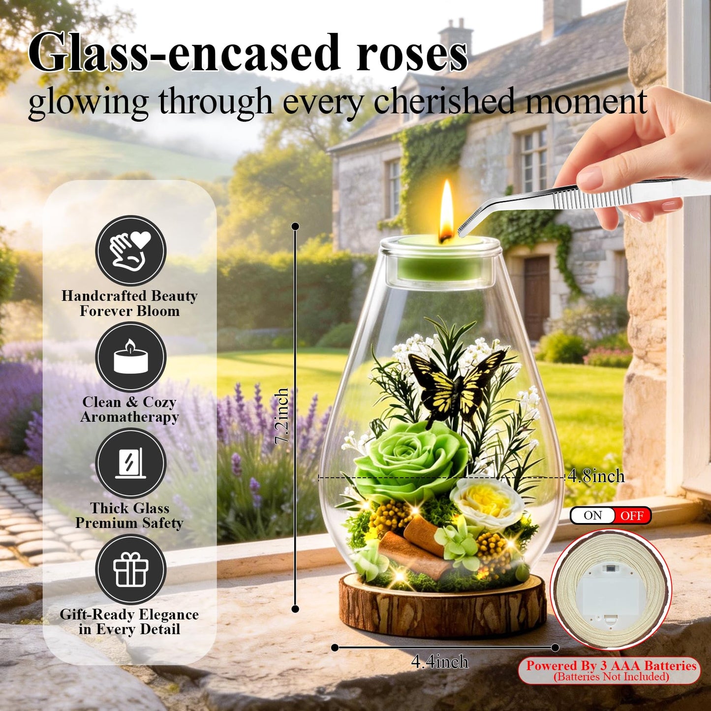 Birthday Gifts for Women Preserved Flowers Green Roses Candle Holder in Glass Dome Gift for Mom Birthday Gift Forever Flowers for Anniversary Real Flowers Eternal Rose for Proposal Wedding