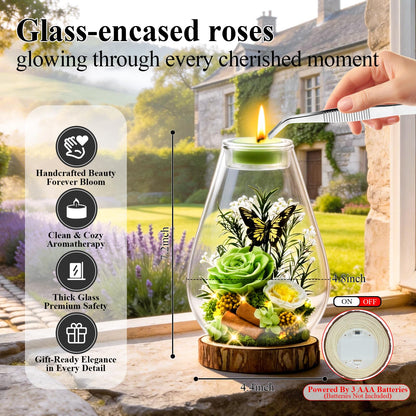Birthday Gifts for Women Preserved Flowers Green Roses Candle Holder in Glass Dome Gift for Mom Birthday Gift Forever Flowers for Anniversary Real Flowers Eternal Rose for Proposal Wedding