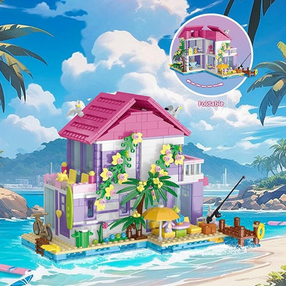 3 in 1 Pink Girls Beach House Building Set with Light Seaside Villa Friends Building Toys Compatible with Lego Friends Construction Educational Toy for Adults &amp 14+ (961 PCS)