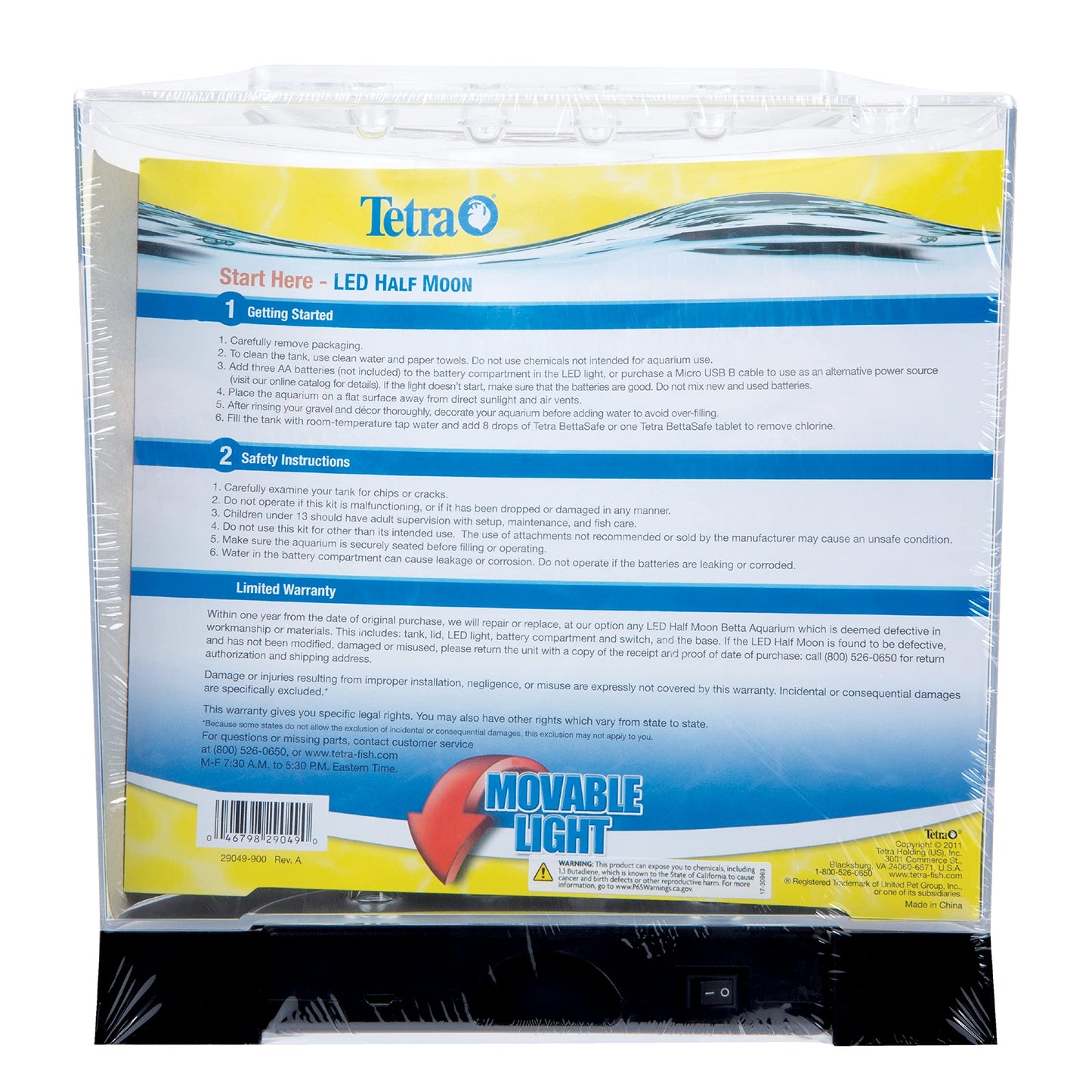 Tetra 1 Gallon Half Moon Small Fish Tank w/ Movable LED Light, For Betta & Gold Fish, Aquarium