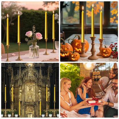 Everymoment Gold Taper Candles - 24 Pack 10 Inch Candlesticks - Dripless & Smokeless for 8 Hours - Unscented Paraffin Wax - Ideal for Wedding Christmas Anniversary New Year's Eve & Luxury Decor
