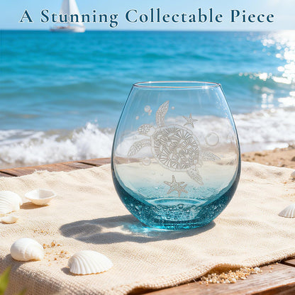 Sea Turtle Stemless Wine Glass - 19oz Hand-blown Blue Bubble Base Glassware-Unique Birthday Gifts for Women & Turtle Lovers-Coastal Ocean Decor for Beach House & Parties-Gift Box Included(Bubbly Teal)
