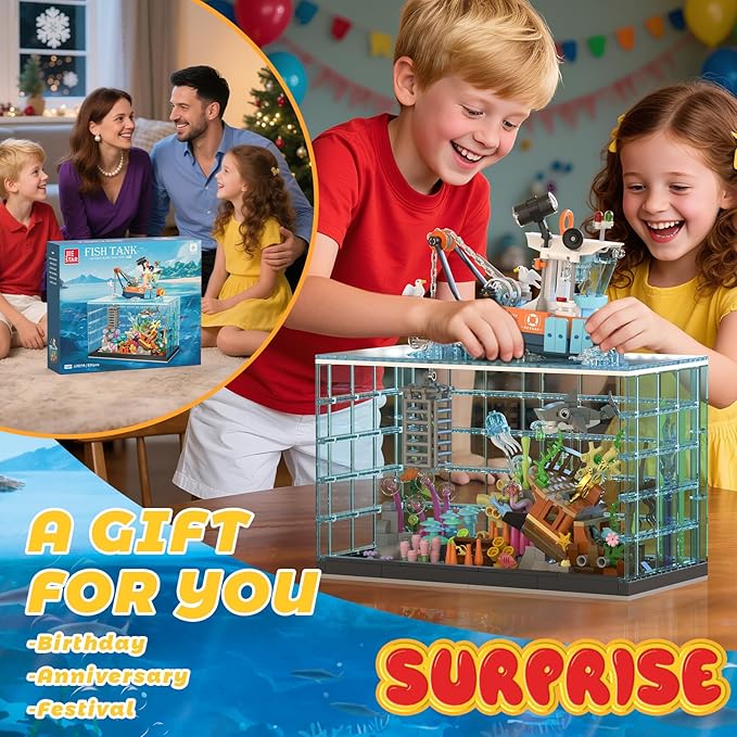 Fish Tank Building Blocks Set Aquarium Building Set with LED Lights Including Ocean Shark Jellyfish Fishing Boat STEM Gift for Kids Boys Girls Age 8-12+ and Adults(830PCS)