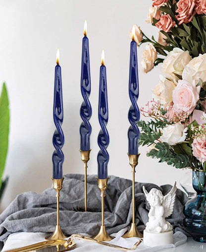 LPUSA Navy Spiral Taper Candles Twisted Candle Conical Stick Candles for Holiday Wedding Party Wax Unscented Dinner Candle Dripless,Christmas Gift10inch,4pcs(Navy-A)