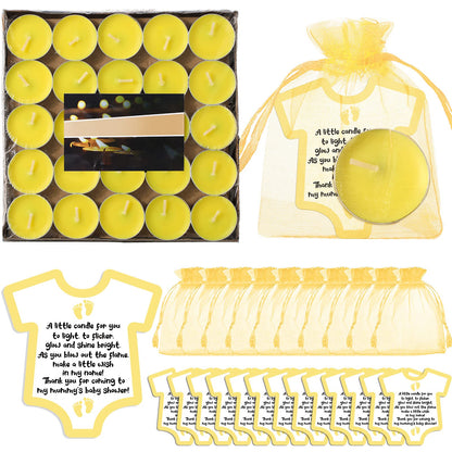 Roowest 50 Set Baby Shower Party Candles Gift for Guests Cute Tea Lights Candle Decorations with Thank You Cards Organza Bags for Girl Boy Baby Shower Gender Reveal Favors(Yellow)