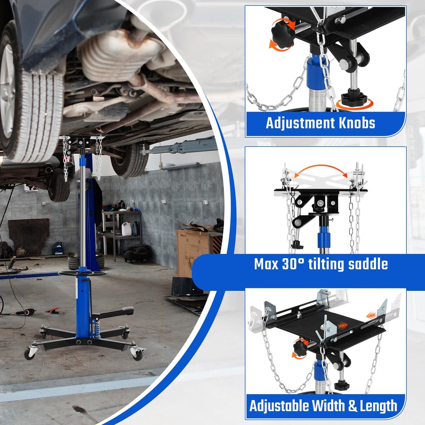 Hydraulic Transmission Jack, 1322 LB Capacity, 34-68 in, Heavy Duty Telescopic Transmission Jack Lift with Foot Pedal, 30° Tilt Saddle & 360° Swivel Wheels for Garage & Shop, Blue