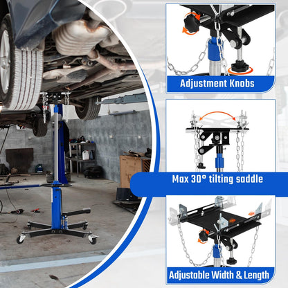 Hydraulic Transmission Jack, 1322 LB Capacity, 34-68 in, Heavy Duty Telescopic Transmission Jack Lift with Foot Pedal, 30° Tilt Saddle & 360° Swivel Wheels for Garage & Shop, Blue