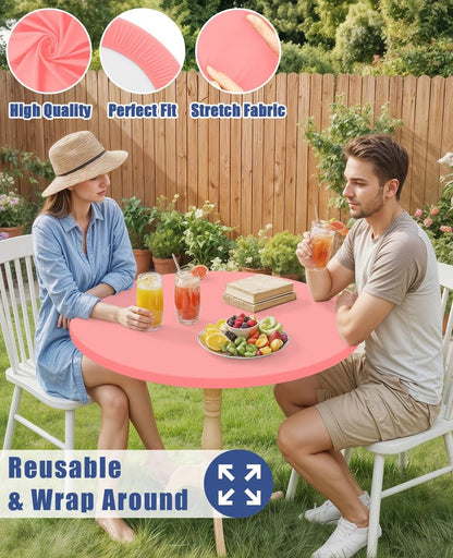 Moosfor Round Spandex Tablecloth, Elastic Fitted Waterproof Tablecloths for 36"-44" Tables, Stretch Washable Picnic Table Cover for Camping, Dining, Indoor and Outdoor,Coral Red