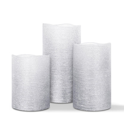 FURORA LIGHTING Silver Glitter Flameless Pillar Candles - Real Wax, 5/19 Auto Timer, Set of 3 (3x4, 3x5, 3x6), Batteries Included, Home Decor