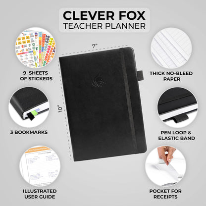 Clever Fox Teacher Planner – School Year Planner with Calendars & Lesson Plans – Teacher Plan Book for Classroom & Homeschool Organization - Undated, 7x10″, Hardcover (Black)