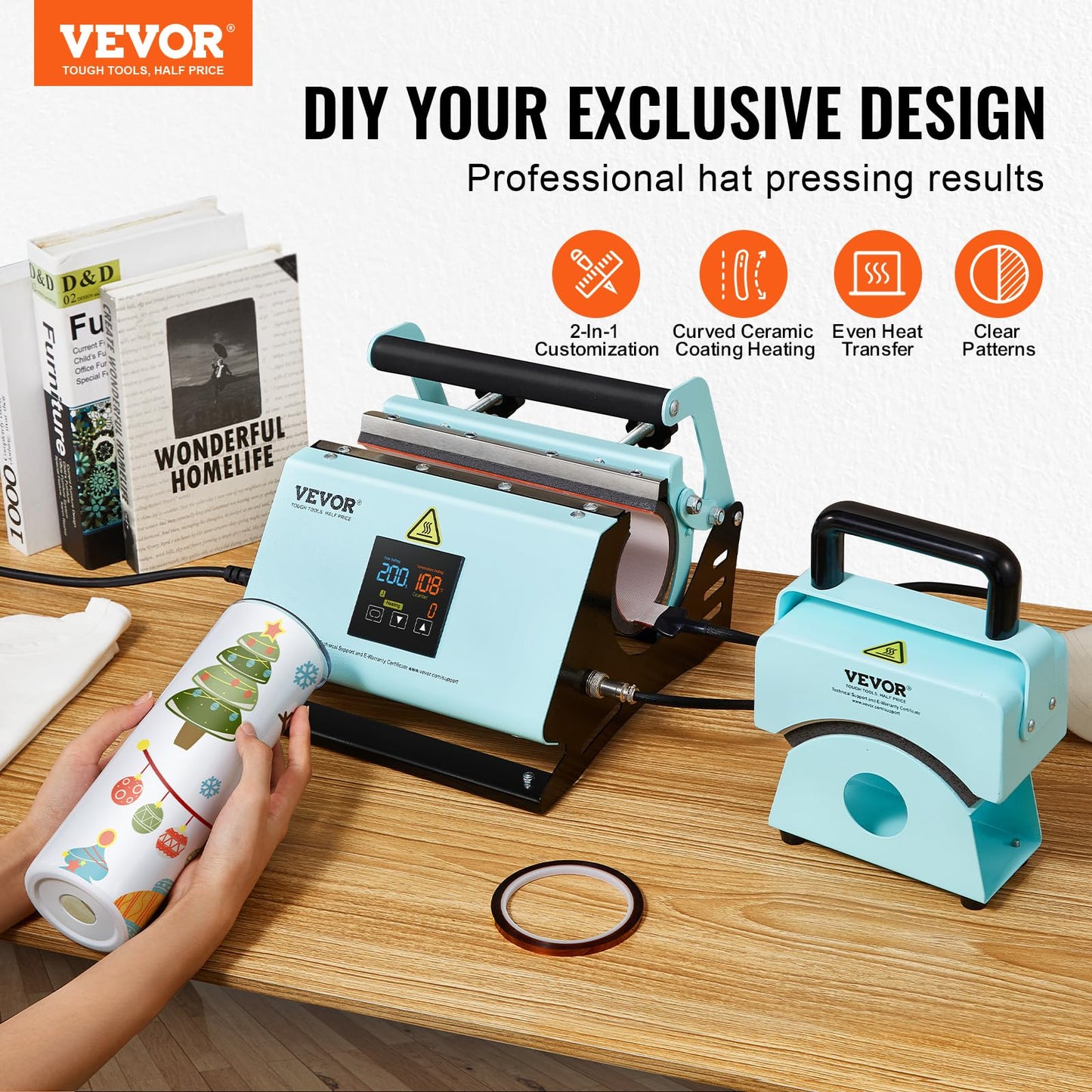 VEVOR 2 in 1 Tumbler and Hat Heat Press Machine, Mini Press for Caps, 11-30oz Sublimation Mugs, Temperature and Time Control, Green