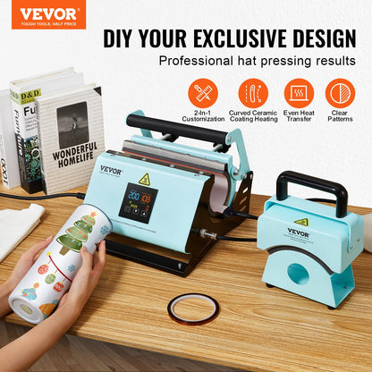 VEVOR 2 in 1 Tumbler and Hat Heat Press Machine, Mini Press for Caps, 11-30oz Sublimation Mugs, Temperature and Time Control, Green