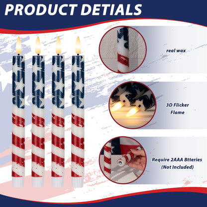 SEHNSY 4th of July Flameless Taper Candles with Remote and Timer, Real Wax Red White and Blue American Flag LED Candles, 250th Anniversary Patriotic Battery Operated Taper Candle Set
