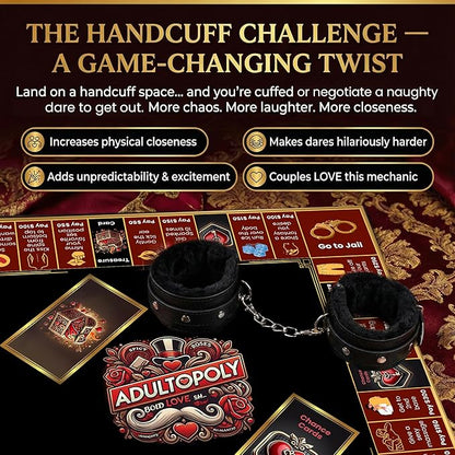 Adultopoly with Handcuffs – a Romantic Spin on The Classic Board-Game. Playful Date Night Games for Couples to Spark Romance Fun and Deeper Connection. The Ultimate Adultopoly Board Game