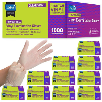 Inspire Exam Medical Clear Vinyl Disposable Gloves - Latex Free for Cleaning, Food Prep (Large)