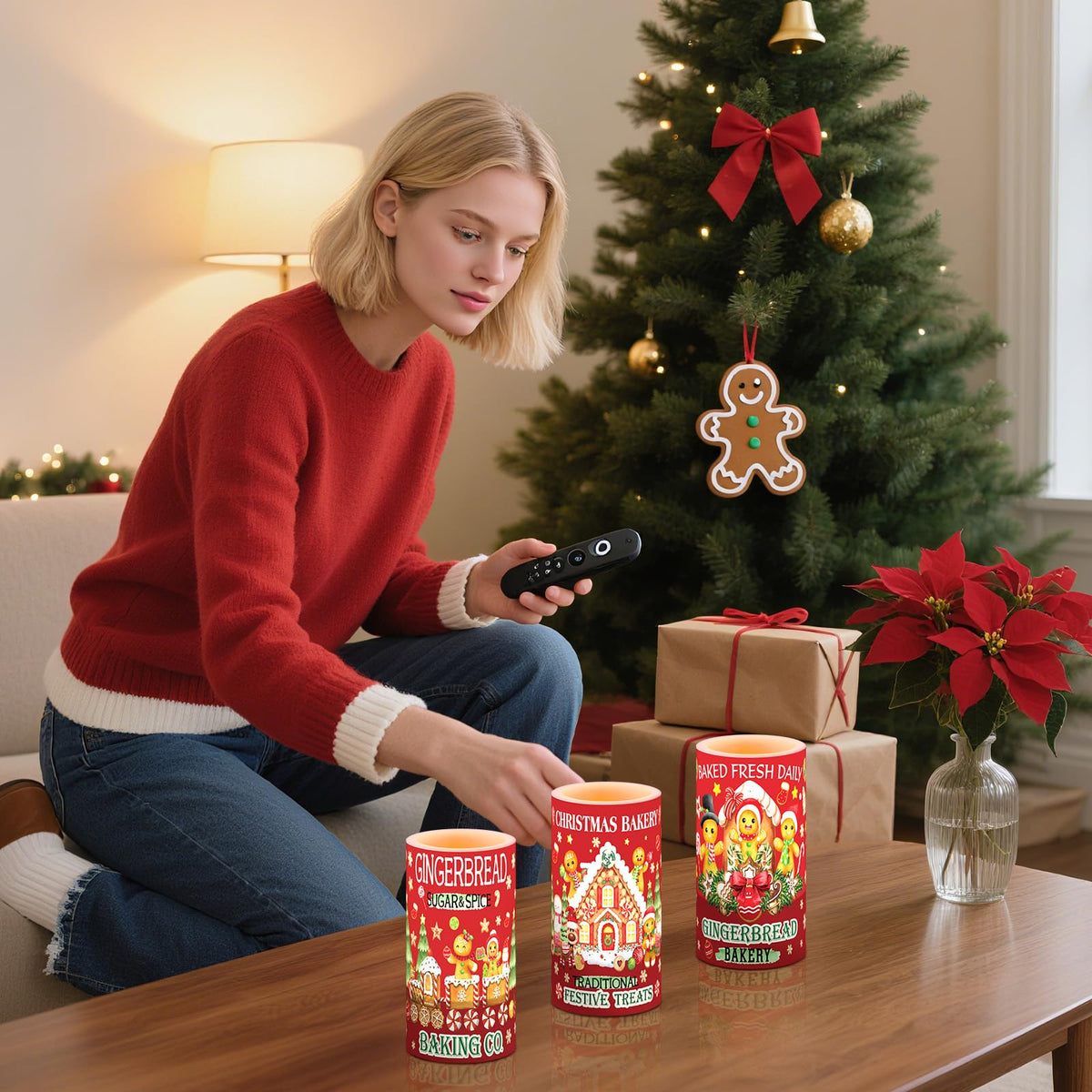 Retisee 3 Pcs Christmas Flameless Candles with Remote Timer Gingerbread Man Real Wax LED Flickering Pillar Candle White Cold Light Battery Operated for Home Window Xmas Gift Winter Holiday Decor