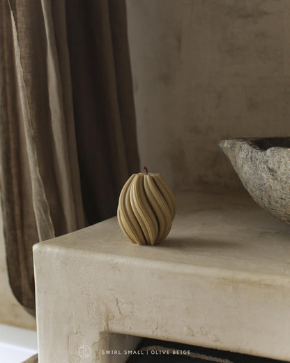 LAWA Swirl Candle - Beautiful Handmade Pillar Soy Wax Twirl Elegant Bubble Aesthetic Candle Housewarming Gift Home Room Shelf Decor Idea Spiral (Olive Beige, Small)