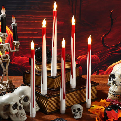 Kittmip 6 Pcs Halloween Flameless Taper Candles 11 Inch Long Red White Battery Operated LED Bloody Candles Haunted Table Centerpiece for Holiday Party Table Decor