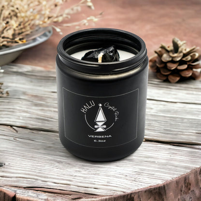 Verbena Scented Candle + Obsidian Crystal | Aromatherapy | Meditation | Reiki Infused | 100% Natural Soy Candles