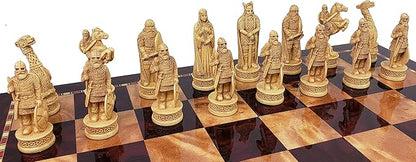 Antique Ivory &amp Brown Norse Viking Chess Set with 18 inch Cherry Color Board