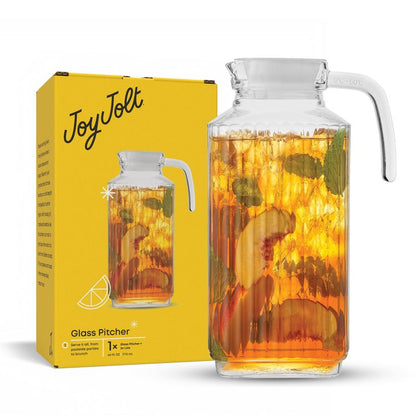 JoyJolt 60oz Glass Pitcher with Lid (2 Lids) - Beverage Serveware and Storage Container for Cold Drinks and Liquids. Juice Container, Water Jug, Fridge Pitcher for Iced Tea or Milk