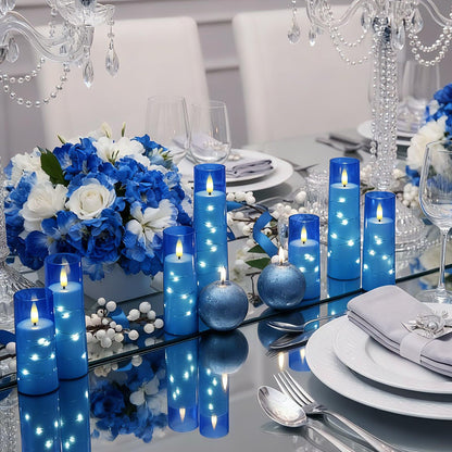 Raycare Independence Day Flameless Candle with Remote Timer – 9 Flickering Acrylic Battery Operated LED Pillar Candles with Embedded Star String for 4th of July Home Patriotic Decor, as a Gift (Blue)