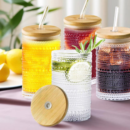 Hobnail Drinking Glasses with Bamboo Lids and Glass Straw 4Pcs Set - 14oz Vintage Glass Cups, Water Glasses, Iced Coffee Glasses, Cute Tumbler Cup, Ideal for Cocktail, Whiskey, Gift - Cleaning Brushes