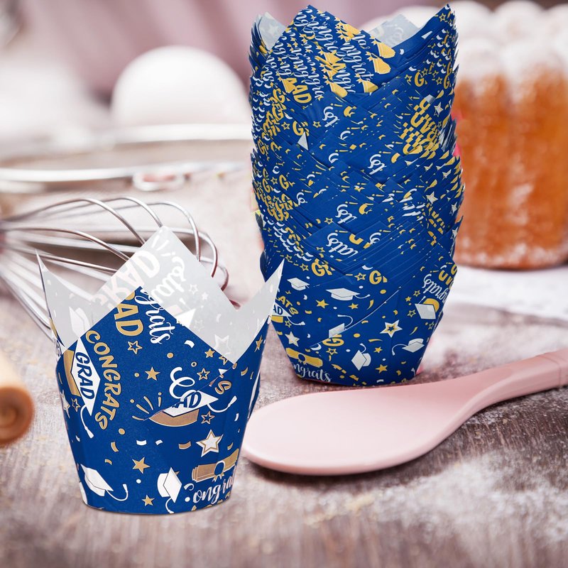 Nuenen 200 Pcs Graduation Tulip Cupcake Liners Bulk 2026 Congrats Grad Paper Baking Cup Greaseproof Muffin Liners Holders Graduation Cap Cake Paper Cup Tulip Cupcake Wrappers for Party(Blue, Gold)
