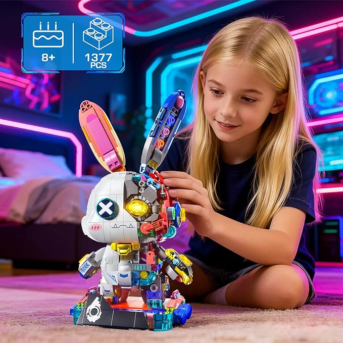 Mechanical Bunny Building Set 1377PCS Cyberpunk Technic Animal Collection Model Kit Creative Rabbit Animal Building Block Toys with Lights&ampDisplay Stand Easter Decor Gift for Boys Girls Adults Te