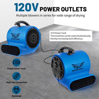 BSMTEK Air Mover Blower Fan, Industrial 1/3HP 1200CFM Monster Floor Blower Carpet Dryers - 3 Speeds Switch, 4 Adjustable Angles, 15FT Long Cord, Stackable - 2026 Upgraded