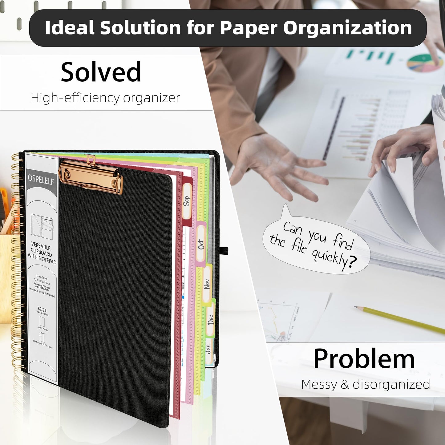 Ospelelf Black Foldable Spiral Clipboard Folio with Storage Zipper Pouch, 5 Plastic Folders with 10 Pockets,Refillable Lined Notepad (11" x 8.5"), Hardcover Project Organizer with 39 Stickers