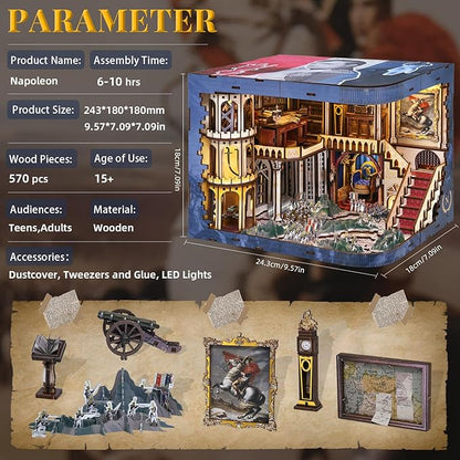 Book Nook Kit with LED Light Miniature House Kit for Birthday 3D Wooden Bookends Puzzle Bookshelf Decor for Adults Teens Beginners (Napoléon)