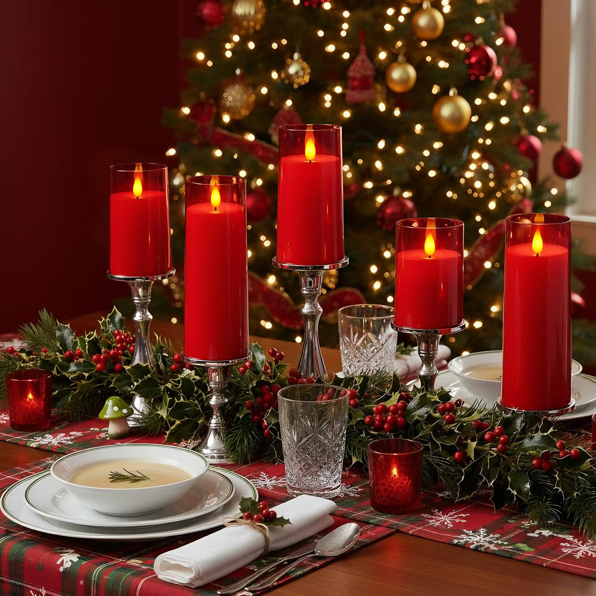 Raycare Independence Day Flameless Candles Battery Operated with Remote Timer, Acrylic Flickering LED Pillar Candle for 4th of July Home Patriotic Decor, Gift for Family and Friend, Red, Set of 5