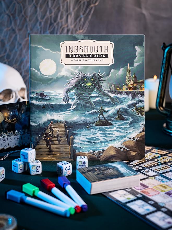 CrowD Games | Innsmouth Travel Guide | 1-4 Players | Ages 14 and up | Roll and Write | Tourism | Route Building | Lovecraft | Solo Mode Included | Average Playtime 30 min