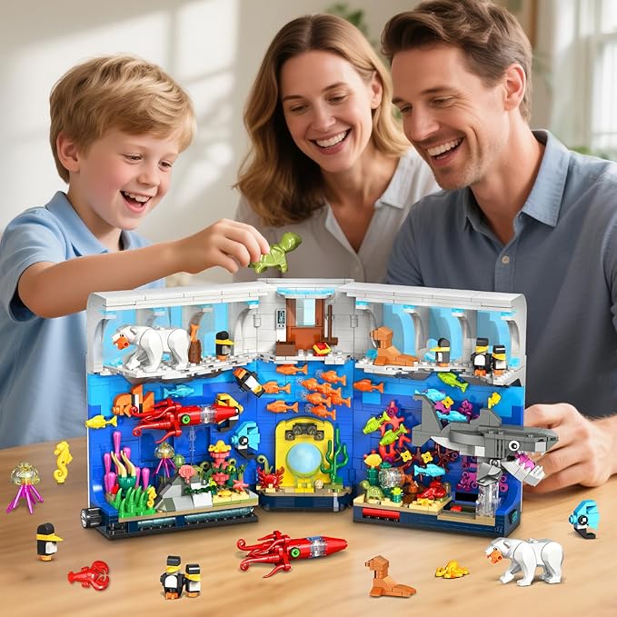 HOGOKIDS Aquarium Book Nook Building Set with Lights - Booknook Fish Building Toy for Bookshelf Home Decor 1064PCS Movable Shark Ocean Polar Animals Blocks Bookend Kit for Adults Teens Boys Girls 8+