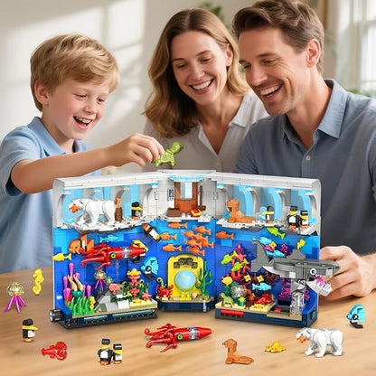 HOGOKIDS Aquarium Book Nook Building Set with Lights - Booknook Fish Building Toy for Bookshelf Home Decor 1064PCS Movable Shark Ocean Polar Animals Blocks Bookend Kit for Adults Teens Boys Girls 8+