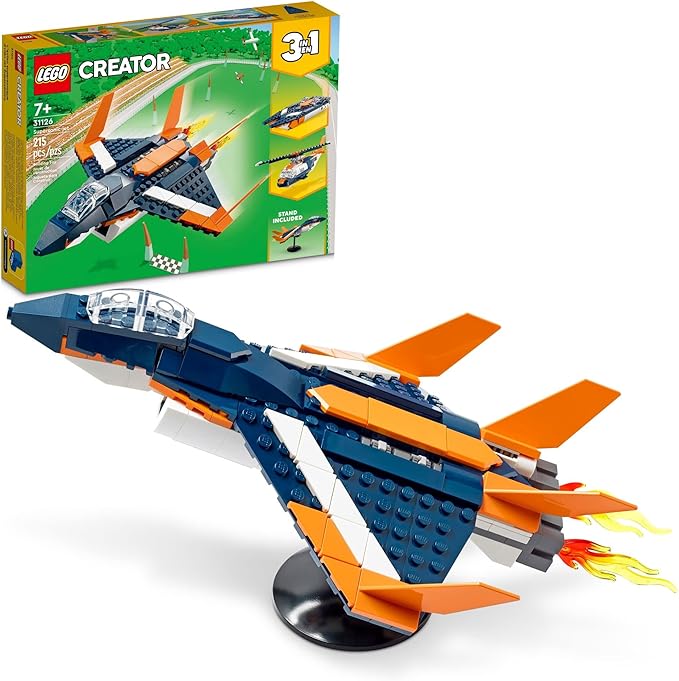 LEGO Creator 3 in 1 Supersonic Jet Plane Toy Set Transforms from Plane to Helicopter to Speed Boat Toy Buildable Vehicle Models for Kids Boys and Girls 7 Plus Years Old 31126