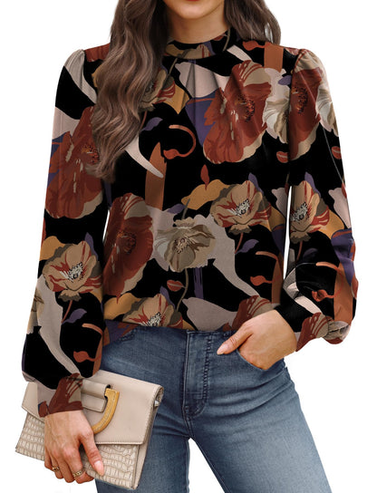 WIHOLL Long Sleeve Shirts for Women Mock Neck Tops Pleated Front Blouses Dressy Casual Fall Clothes 2025 Fashion