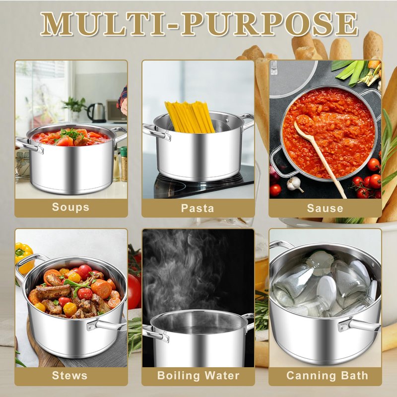 Leonyo Stainless Steel Stock Pot, 8 Quart Stock Pot with Visible Lid, Heavy Duty 3-Ply Induction Cooking Pot for Pasta, Soup, Spaghetti, 18/10 Stainless Steel StockPot for Canning, Boiling, Simmering