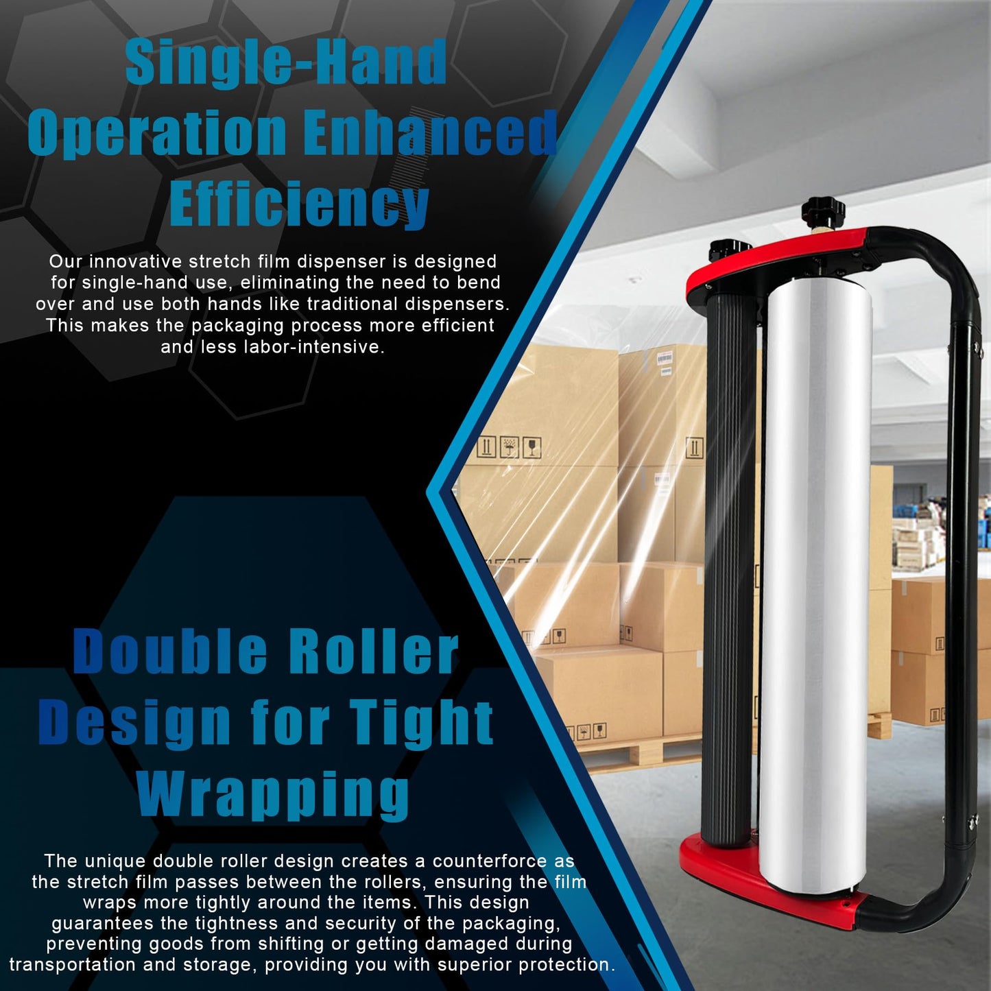Ergonomic Stretch Film Dispenser - Reduces Operator Fatigue, Shrink wrap Handle for Warehousing, Logistics, Pallets, Commercial, and Home Use (18-in Dispenser for 18-in Stretch Film)
