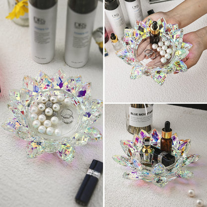 Large Crystal Lotus 7'' Width Candle Holder Tealight Pillar Candle Plate Candlestick, Glass Votive Candle Holder for Christmas Wedding Dinner Table Decor