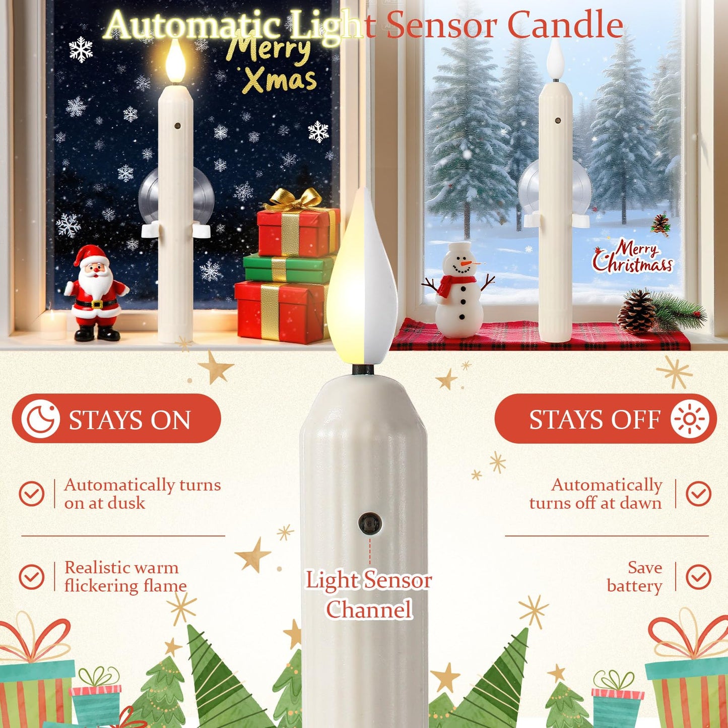 Yungyan 12 Sets Window Candles with Sensor Dusk to Dawn Christmas Window Lights with Suction Cups Battery Operated LED Candlesticks Bulk Flameless Taper Candles for Xmas Holiday Decor (Classic Style)