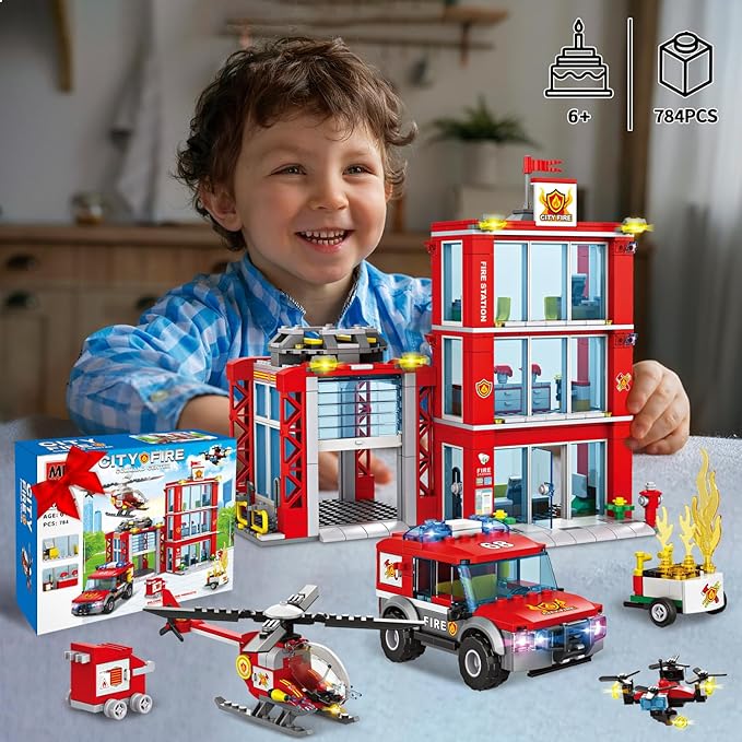 City Fire Station Building Kit Compatible with Lego Fire Rescue Building Blocks Includes Fire Station Fire Truck Fire Helicopter and Drone Toy Set Gift for Kids Boys Girls Age 6-12（784 PCS）