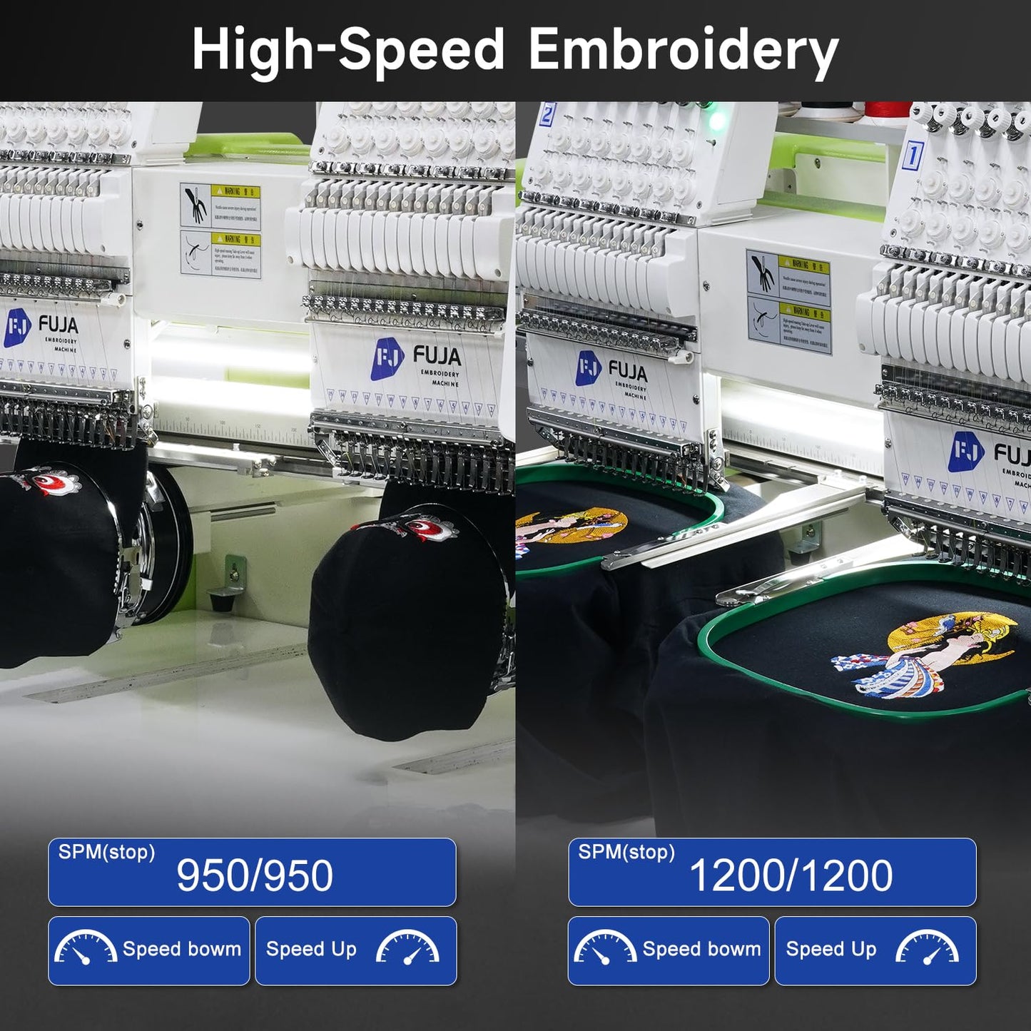 FUJA Embroidery Machine with 2 Heads 15 Needles 1200 SPM Max Speed 10" Touch Screen Embroidery Area 15.7" × 19.7" Wifi available suitable for 3D Caps Flat T shirt Embroidery and so on