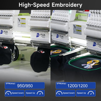 FUJA Embroidery Machine with 2 Heads 15 Needles 1200 SPM Max Speed 10" Touch Screen Embroidery Area 15.7" × 19.7" Wifi available suitable for 3D Caps Flat T shirt Embroidery and so on