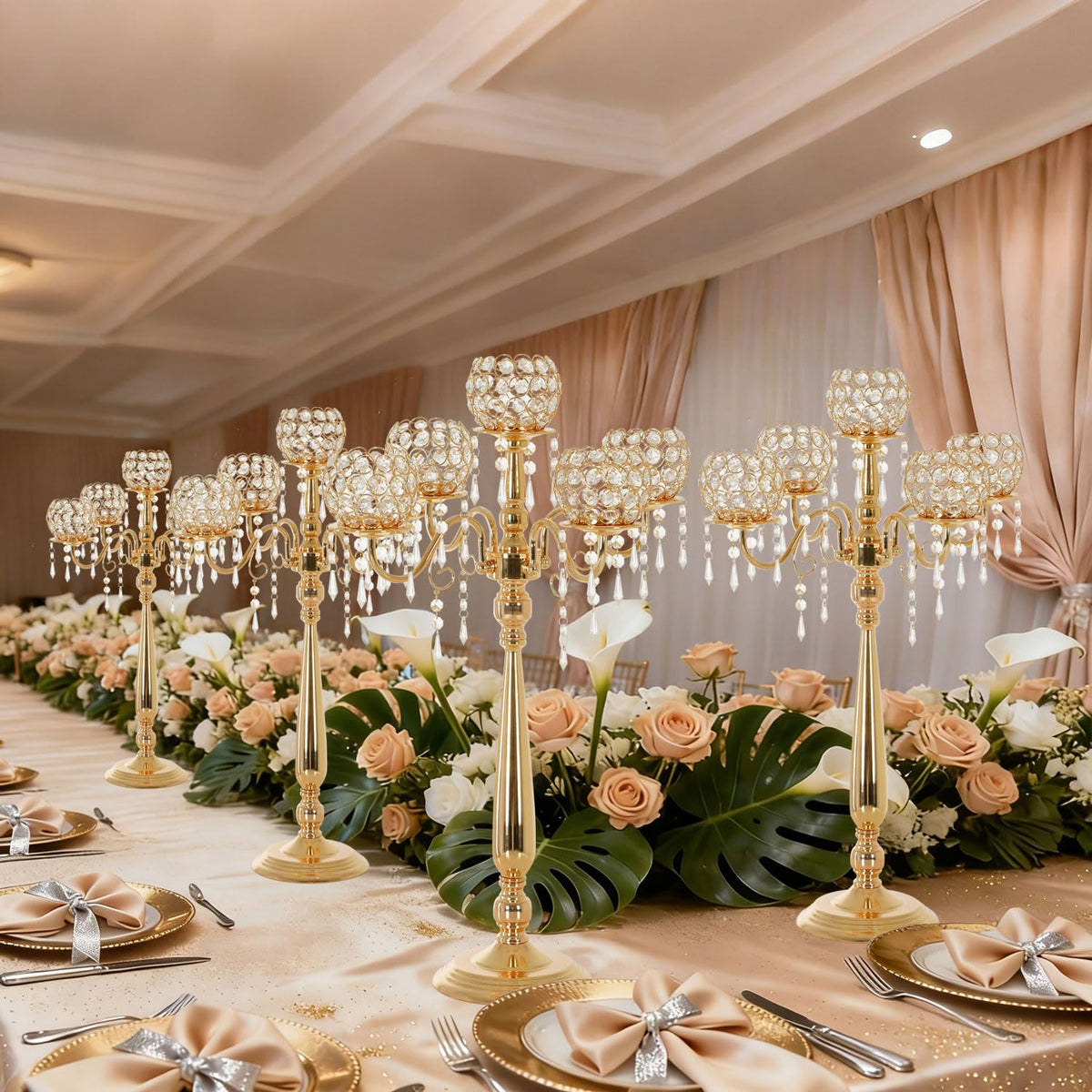 4 Packs 5 Arms Crystal Candelabra for Wedding Centerpiece, Gold Floor Candle Holder Set with Chandelier Crystal Beaded Anniversary Dinner Party Table Decor candelabros de mesa Elegantes Palace Themed