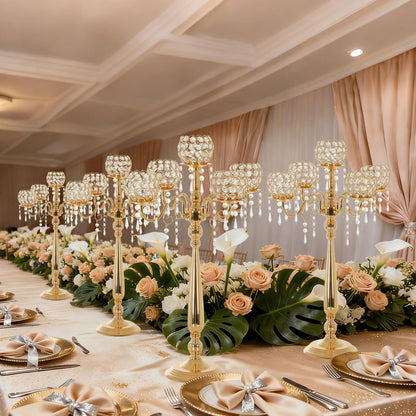 4 Packs 5 Arms Crystal Candelabra for Wedding Centerpiece, Gold Floor Candle Holder Set with Chandelier Crystal Beaded Anniversary Dinner Party Table Decor candelabros de mesa Elegantes Palace Themed