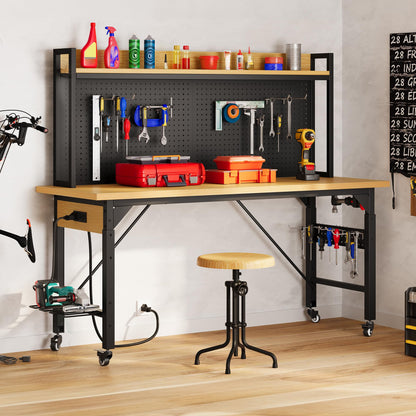 DWVO 60" Adjustable Workbench with Pegboard, Heavy Duty Wood Top Work Bench with Wheels, 1600 LBS Load Capacity, Rolling Work Table with AC/USB Outlet, Hooks, Rack for Garage, Workshop, Office, Home