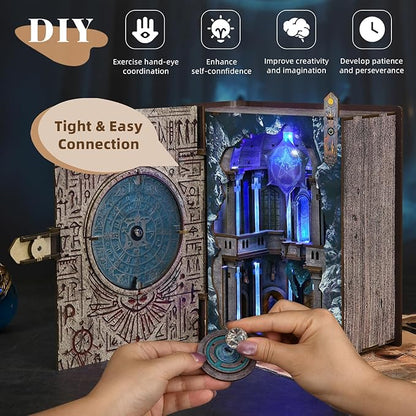 Book Nook Kit DIY Miniature Dollhouse Magic Booknook Kit 3D Wooden Puzzle Bookend Bookshelf with LED Light for Adults Teens (Circle of Magic)