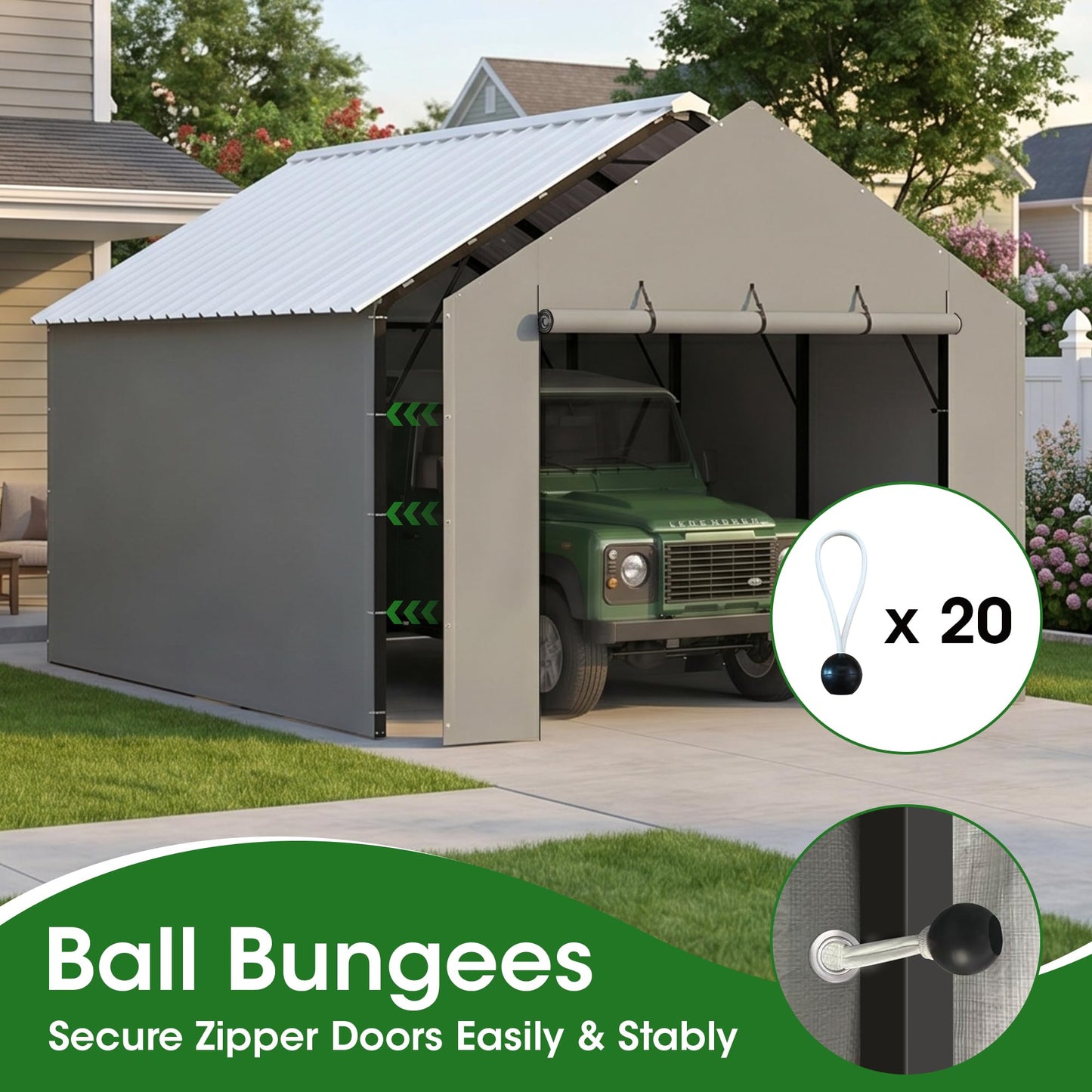 ELUZENE Metal Carport Zipper Door Heavy Duty for 12x20 Metal Carport, Waterproof & UV Protected, Easy Assembly with Ball Bungees, Grey (Door Panel Only, 1 Pack)